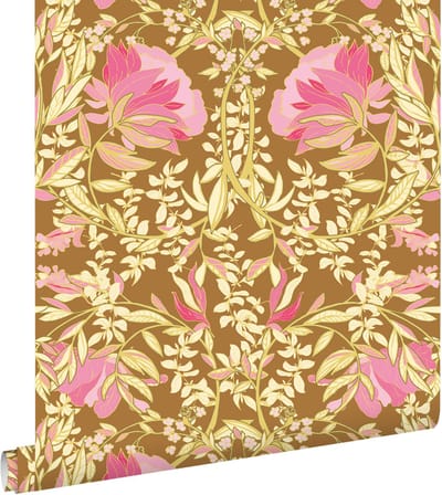 ESTAhome behang vintage bloemen in art nouveau stijl groen en fuchsia roze - 50 x 900 cm - 131731