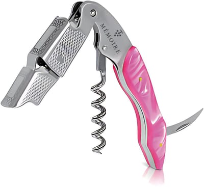 Mémoire® Couteau Sommelier Résine Roze - Kurkentrekker van Edelhars - 3 in 1 Sommelier mes met Flessenopener en Foliesnijder - Stijlvolle en Duurzame Wijnopener - Perfect voor Horeca en Thuis - Premium Kelnermes voor Wijnliefhebbers - Luxe Cadeau