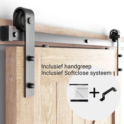 Barnwood Recht Schuifdeursysteem - Complete set inclusief Softclose en Deurgreep - 200 cm rail - Zwart - Staal