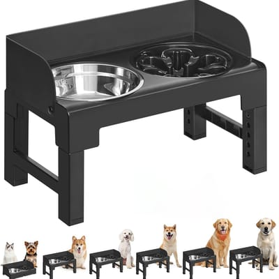 Voerbak Hond Verhoogd - Verstelbare Hondenvoerbak met Standaard - 6 Hoogtes 8-30 cm - RVS Voerbak en Anti-Schrokbak - Met Spatrand, Antislip en Inklapbare Poten - Voor Kleine, Middelgrote en Grote Honden - Zwart