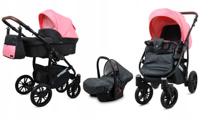BabyLux® Kinderwagen 3in1 – OPTIMAL - BLACK CORAL BLACK FRAME - Opklapbare Wandelwagen incl. Reiswieg, Multifunctionele Buggy Sportstoel, Autostoel - Combi-kinderwagen met Luiertas, Regenhoes, Klamboe, Bekerhouder, etc.