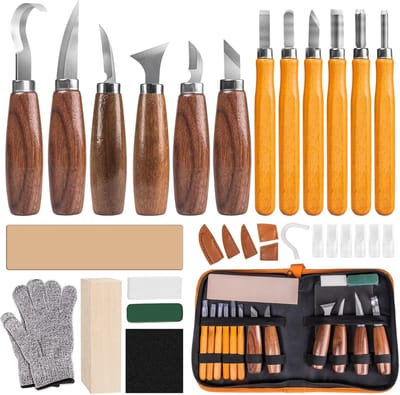 Houtbeitels, 30-in-1 houtsnijgereedschap, houtbewerkingsgereedschap met 12 houtsnijmessen, professionele/junior houtbeitelset, doe-het-zelfset met snijbestendige handschoenen, slijpstenen