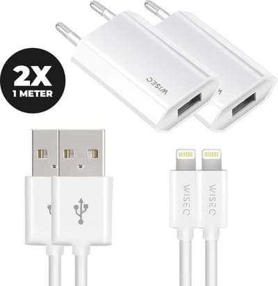 2x USB A adapter - geschikt voor iPhone 14 / 13 / 12 / 11 / X en iPad - inclusief Lightning kabel 1 meter - wit - WiseQ