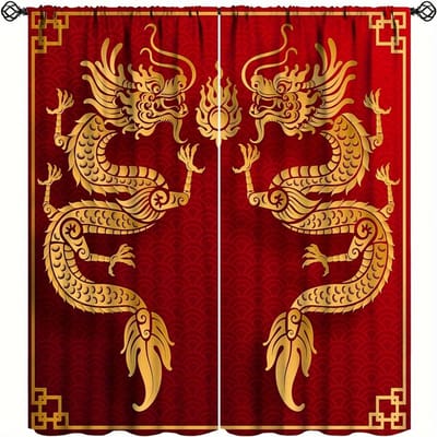 2 stuks Gouden Draak Gordijnen 3D Kunst Gedrukt Draak Raamgordijnen Tunnel voor Kamer Slaapkamer Woonkamer Decor, Rood Gordijn. 150x166cm brown