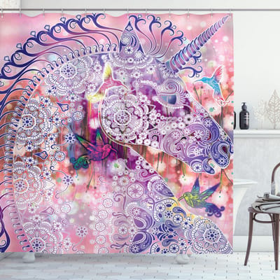 New Bed, Douchegordijn Unicorn Mandala Stijl Meisjeskamer Sprookjes, Badkamer Decor Set met Haakjes 180 cm B 200 cm L