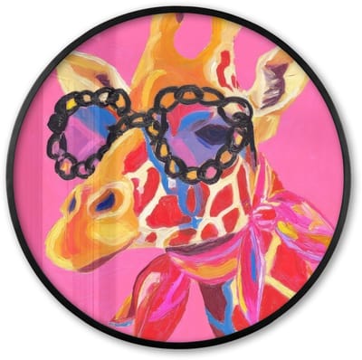 Poster in lijst Rond - Fotolijst 60x60 cm - Posters - Giraf - Roze - Bril - Sjaal - Ronde posterlijst zwart - Decoratie - Wanddecoratie woonkamer - Muurdecoratie slaapkamer