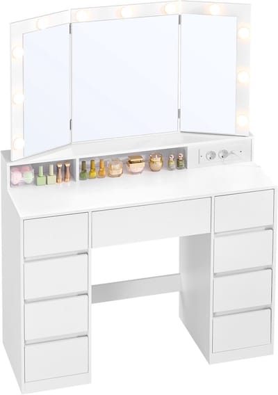 VASAGLE - Kaptafel - Kaptafel met 9 Lades - Driezijdige Spiegel - LED Verlichting - Ingebouwd Stopcontact