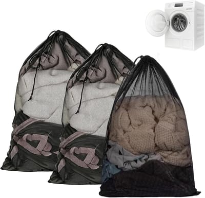 3-delige grote waszakken met trekkoord van robuust netweefsel voor vuile kleding, beddengoed en pluche, 70 x 90 cm