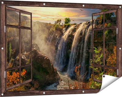 Gards Tuinposter Doorkijk Watervallen vanaf de Kliffen - 120x80 cm - Tuindoek - Tuindecoratie - Wanddecoratie buiten - Tuinschilderij
