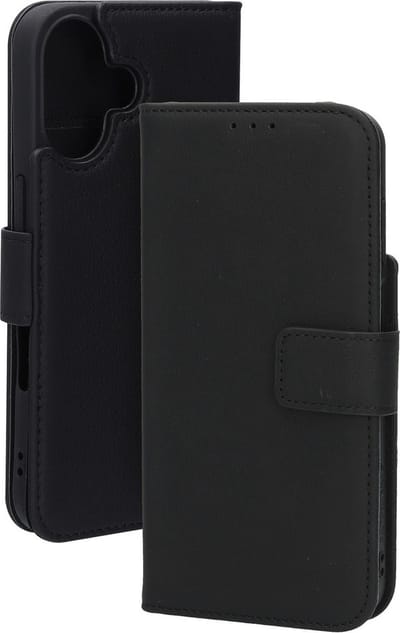Mobiparts MagSafe Portemonnee/Boekhoesje geschikt voor Apple iPhone 16 - Echt Leer - Magnetische Sluiting - Ruimte voor drie pasjes - Microvezel voering - Zwart