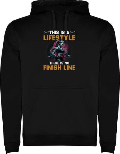 Zwarte unisex hoodie met “ Kleurrijke This is a lifestyle there is no Finish line – Bodybuilden – Vrouw - Sport – Zet Door – Niet opgeven “ Print Full Color merk Roly maat M