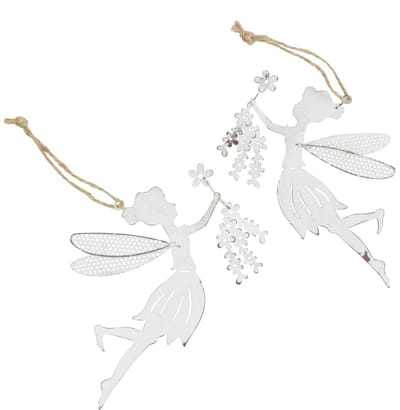 Decoratieve sprookjesraamdecoratie lente metaal wit elfje 15×10cm 2 st