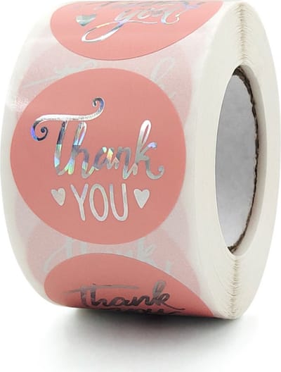 Thank you stickers - 500 stuks - 25 mm - Bedankt stickers - Small business packaging - Thank you stickers op rol - Sluitstickers - Sluitzegel - Verpakkingsmateriaal - Stickerrol - Roze/Silver