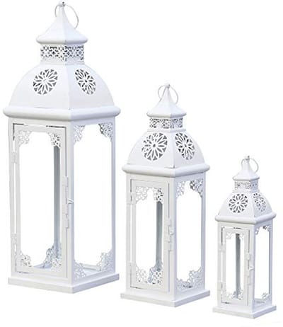 3-delige decoratieve lantaarnset - ornamenten in verschillende maten van metaal - mat wit