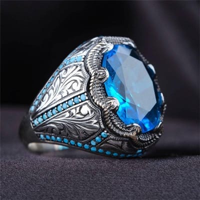 Retro Handgemaakte Turkse Zegelring Voor Mannen Vintage Oude Koperkleur Gekerfde Blauwe Zirkonia Ring Punk Motor Biker Moslim Sieraden 13