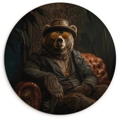 WallCircle® Wandcirkel 120x120 cm - Muurcirkel Beer - Bruin - Pak - Hoed - Muurdecoratie woonkamer - Wanddecoratie slaapkamer - Kamer decoratie accessoires - Ronde schilderijen XXL