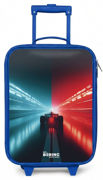 NoBoringSuitcases.com® - Kinderkoffer blauw - Kindertrolley jongen - Baan - Raceauto - Neon - Rood - Koffer kind lichtgewicht - Reiskoffer trolley voor kinderen - Koffertje met lichtgevende wieltjes - Rolkoffer