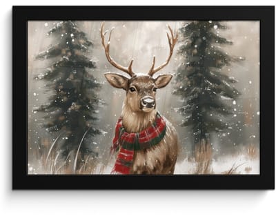 Poster in lijst - Fotolijst 30x20 cm - Posters - Winter - Bos - Rendier - Donker - Posterlijst zwart - Decoratie - Wanddecoratie woonkamer - Muurdecoratie slaapkamer