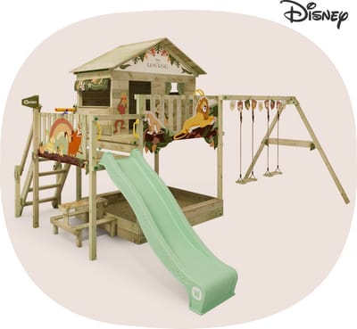 Wickey Disney's De Leeuwenkoning Quest Speeltoestel - Dubbele schommel met Glijbaan en Speelhuis - Picknicktafel & Zandbak - 486x465x307 cm - Pastelgroen