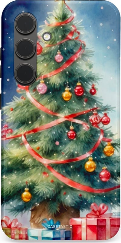 Casetastic hoesje geschikt voor Samsung Galaxy S24 - Dubbellaagse bescherming - Aquarel Kerstboom Cadeau - Fashion Case - Grijs Donkerblauw Saliegroen Beige