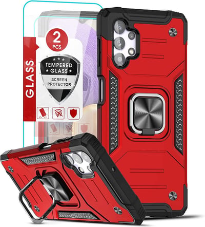 Hoesje Geschikt Voor Samsung Galaxy A32 5G Hoesje Heavy Duty Armor Hoesje Rood - Galaxy A32 5G Case Kickstand Ring cover met Magnetisch Auto Mount- Hoesje Geschikt Voor Samsung Galaxy A32 screenprotector 2 pack