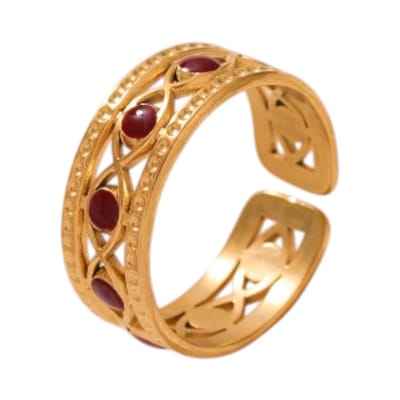 Aramat Jewels | Ringen | Goudkleurige Verstelbare RVS Ring met Emaille Boze Ogen - 7 mm | Rood | |8mm | Staal | Volwassenen | Verkleurd niet