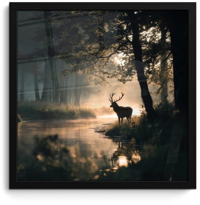Poster in lijst - Fotolijst 40x40 cm - Posters - Hert - Bosbeek - Mystiek - Posterlijst zwart - Decoratie - Wanddecoratie woonkamer - Muurdecoratie slaapkamer