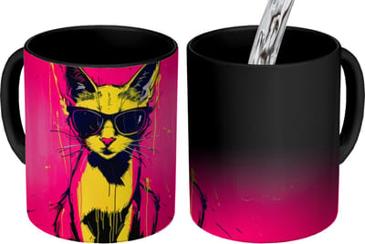 Magische Mok - Foto op Warmte Mokken - Koffiemok - Kat - Art - Zonnebril - Roze - Magic Mok - Beker - 350 ML - Theemok