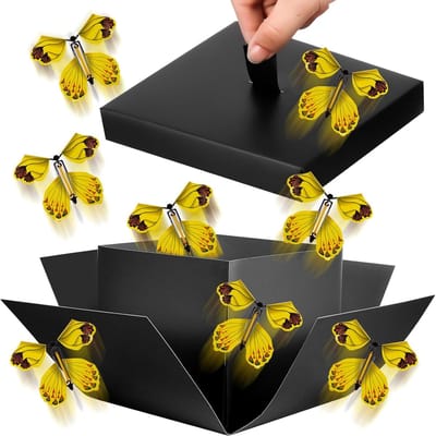 De Butterfly Explosion Gift Box is een verrassingscadeaubox gevuld met fladderende vlinders, perfect voor verjaardagen, bruiloften, jubilea en Kerstmis (zwart).