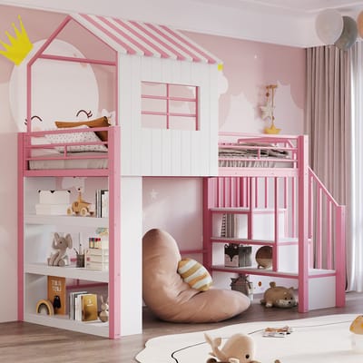 Hoogslaper - 90x200 cm - Huisbed Design - Trap & Opbergplanken - Metaal - Roze