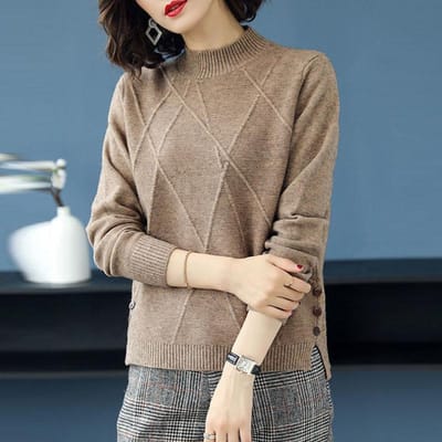 Pull Femme Automne Hiver Col Montant Demi-Col Roulé Pull Femme Court Ample Mode Coréenne Tout-Allant Tricot Pulls de Fond S marron