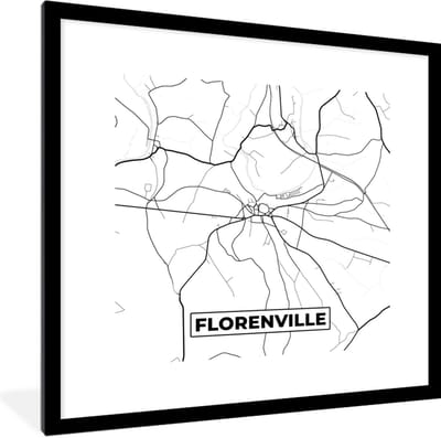 Fotolijst incl. Poster Zwart Wit- Stadskaart – Plattegrond – België – Zwart Wit – Florenville – Kaart - 40x40 cm - Posterlijst