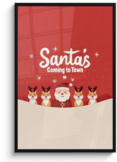 Poster in lijst - Fotolijst 80x120 cm - Posters - Illustratie - Kerstman - Rendieren - Rood - Posterlijst zwart - Decoratie - Wanddecoratie woonkamer - Muurdecoratie slaapkamer - Kerstversiering - Kerstdecoratie voor binnen - Kerstmis
