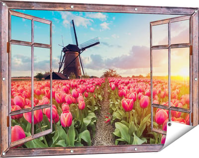 Gards Tuinposter Doorkijk Roze Tulpen Bloemenveld - met Windmolen - 120x80 cm - Tuindoek - Tuindecoratie - Wanddecoratie buiten - Tuinschilderij