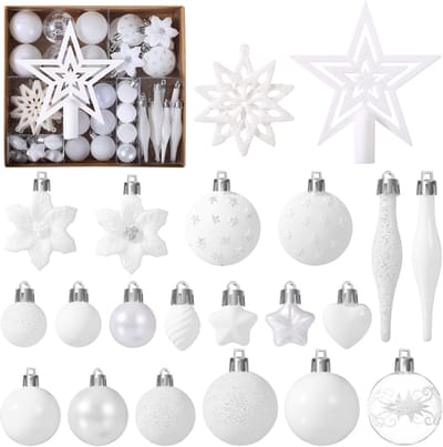JHUBERS- Kerstballen Set 58-delig - Kunststof - Wit - Kerstversiering - Druppelbestendig - Waterdicht - Inclusief opbergdoos - Kerstdecoratie