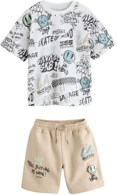Next - Jongens - Set met T-shirt met korte mouwen en korte broek - Wit
