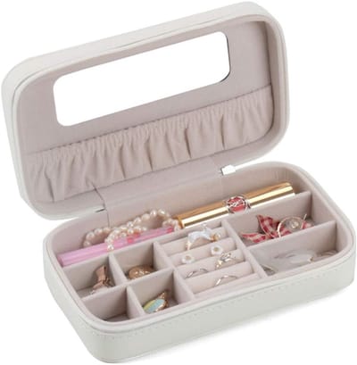 Sieraden Organizer Box - Reiskoffer Organisator - Sieraden Opbergen - Met Spiegel - 12 x 10 x 2.1 cm - Grijs