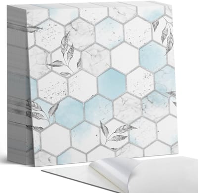 Coloray Plaktegels - Zeshoekig patroon met bladeren Zelfklevende Tegels - 20 cm x 20 cm - Turkoois Plaktegels - 20 stuks - Vierkant PVC Tegels - Plaktegels Badkamer - Plaktegels Vloer - Vinyltegels Vloer Zelfklevend - Wandtegel Zelfklevend