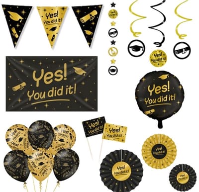 8 delig - Geslaagd pakket feestversiering Geslaagd goud-zwart – Classy party .