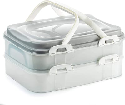Voedsel transportbox, cupcake, muffin, party container, taarthouder 2 x 7 liter met 2 etages en inklapbare handgrepen kleur grijs