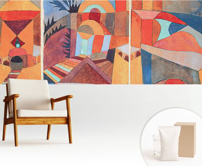 Wallfluent Behang - Kleurrijk mozaïek Vliesbehang - 250x104 cm - Oranje Behang - Voor liefhebbers van berglandschappen en kunst - Behang Voor de woonkamer, slaapkamer en kantoor - Behangrol Abstractie