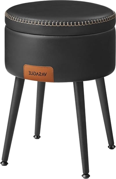 Opbergkruk kaptafelkruk PU met stiksels midden van de eeuw modern ronde opbergkruk met stalen poten capaciteit 150 kg inktzwart LOM005B01 van EKHO Collectie
