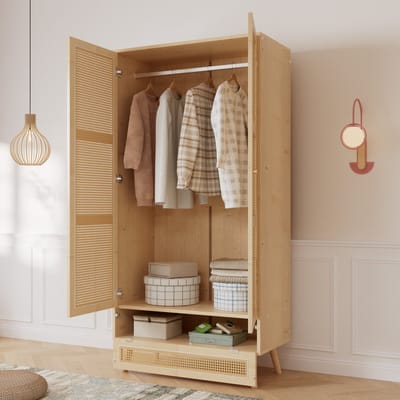 Kleerkast - Met Hangstang 2 Deuren Rattannet Onder Flip-Top - Spaanplaat PE-Rattan - Natuurlijk
