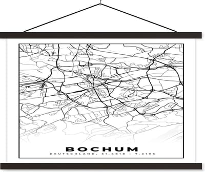 Posterhanger incl. Poster 60x40 cm - Schoolplaat - Kaart - Stadskaart - Bochum - Plattegrond - Textielposter - Zwarte latten - Stadskaart