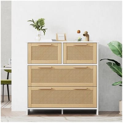 Rotan ladekast, 4-ladenkast met massief houten handgrepen, natuurlijk design, voor woonkamer en hal (80x25x90 cm)