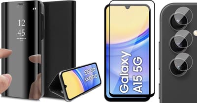 Hoesje geschikt voor Samsung Galaxy A15 - Screenprotector Volledig Dekkend Glas & Camera - Spiegel Book Case Zwart