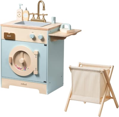 HHHK - Houten Kinder Wasmachine - Blauw en Houttint - Speelgoed Wasmachine - Kinderspeelgoed - Houten Speelgoed Wasmachine