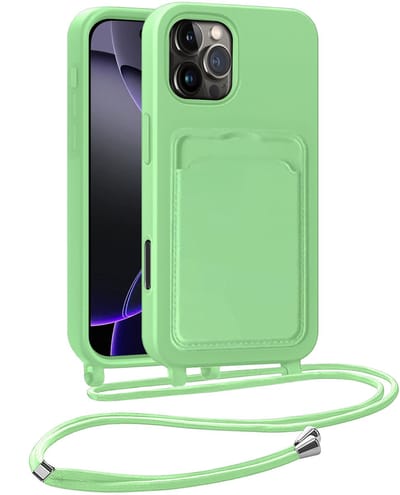 Hoesje Geschikt voor iPhone 16 Pro Hoesje Met Telefoonkoord en Pasjeshouder Siliconen - Hoes Geschikt voor iPhone 16 Pro Hoesje Met Kaarthouder Case - Groen