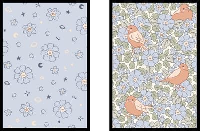 Poster Blauwe bloemen en Bloemen en vogels - Kinderkamer poster - Babykamer poster - Dieren poster - Kinderkamer decoratie - 21x30 cm - A4 - Exclusief lijsten - WALLLL