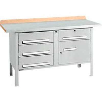 Box-type werkbank Schäfer Shop Select PWi 150-5, beuken multiplex blad, met stalen afdekking, tot 750 kg, B 1500 x D 700 x H 840 mm, lichtgrijs